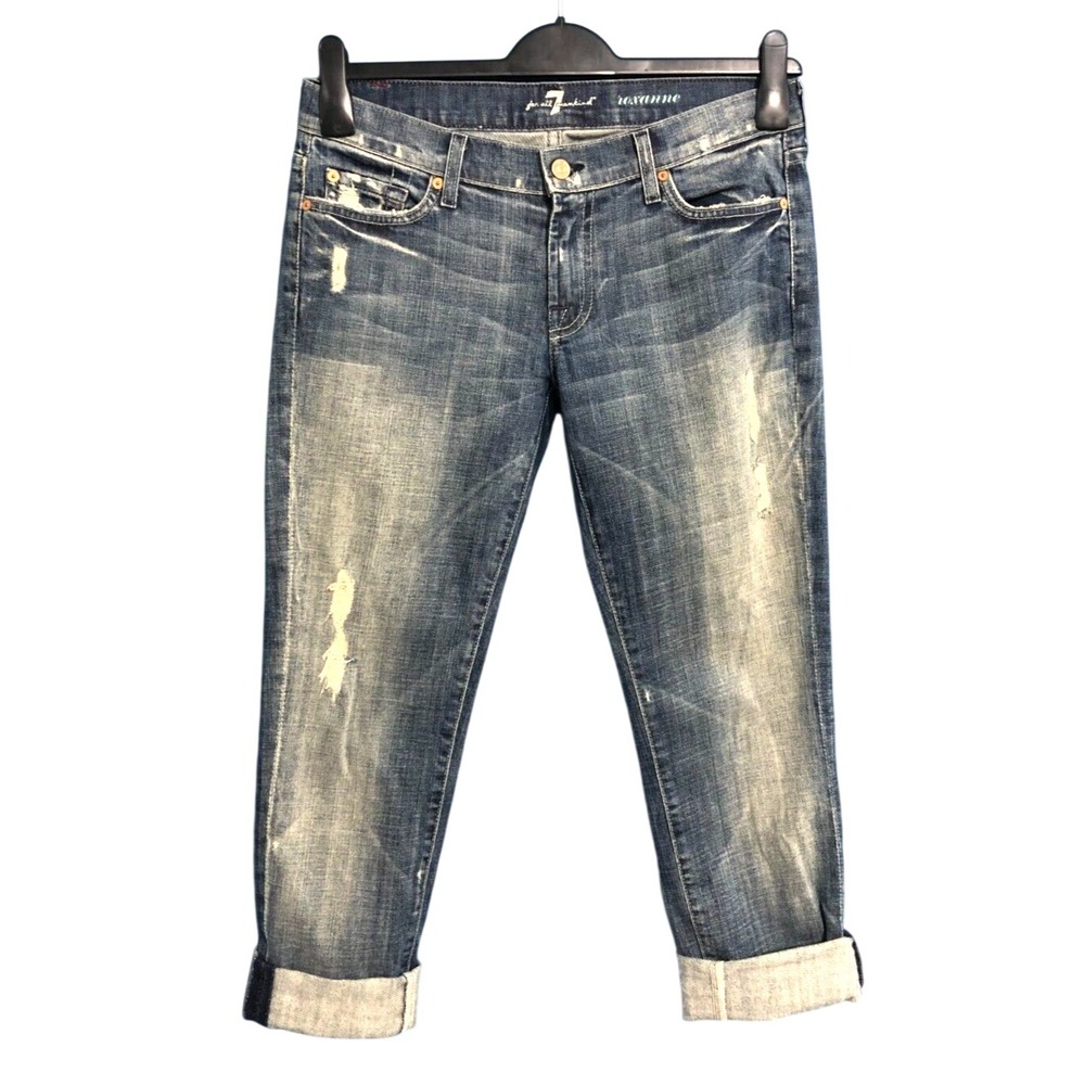 7 FOR ALL MANKIND Blue Denim ROXANNE Distressed Straight Leg Ankle Jeans Sz 29